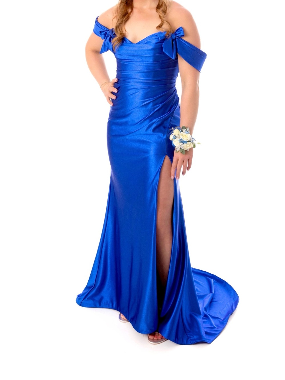 Royal Blue Ava Presley Satin Evening Gown with Bow Details.